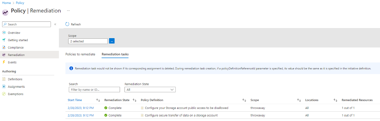 Screenshot within the Azure portal